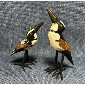 Pair Wood Hand Painted Birds Folk Art Thread Wrapped Wire Legs Pied Kingfisher